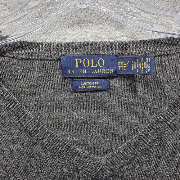 Polo Ralph Lauren Sweater Mens 2XL Gray V Neck Merino Wool Custom Fit Red Pony - Picture 3 of 7